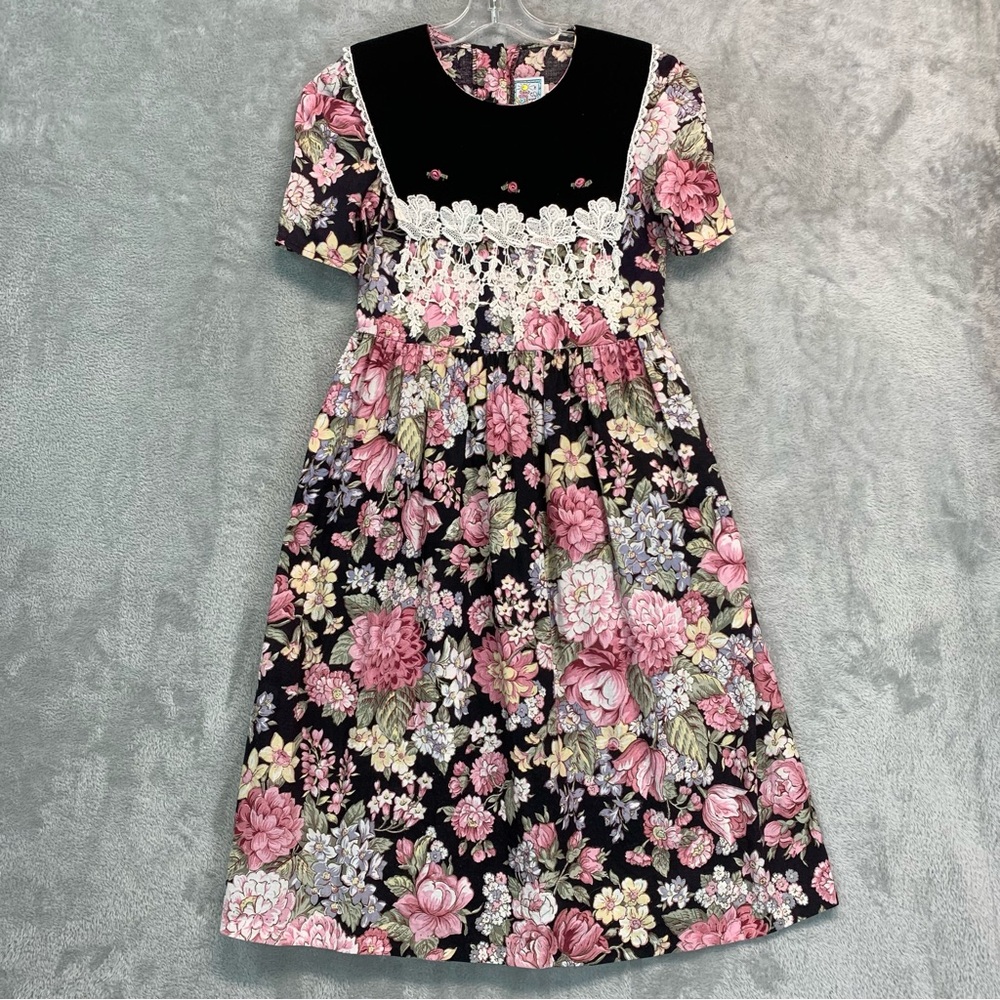 Vintage Kokomo Floral Girls Cotton Cottagecore Dress with Lace Detail Size 10